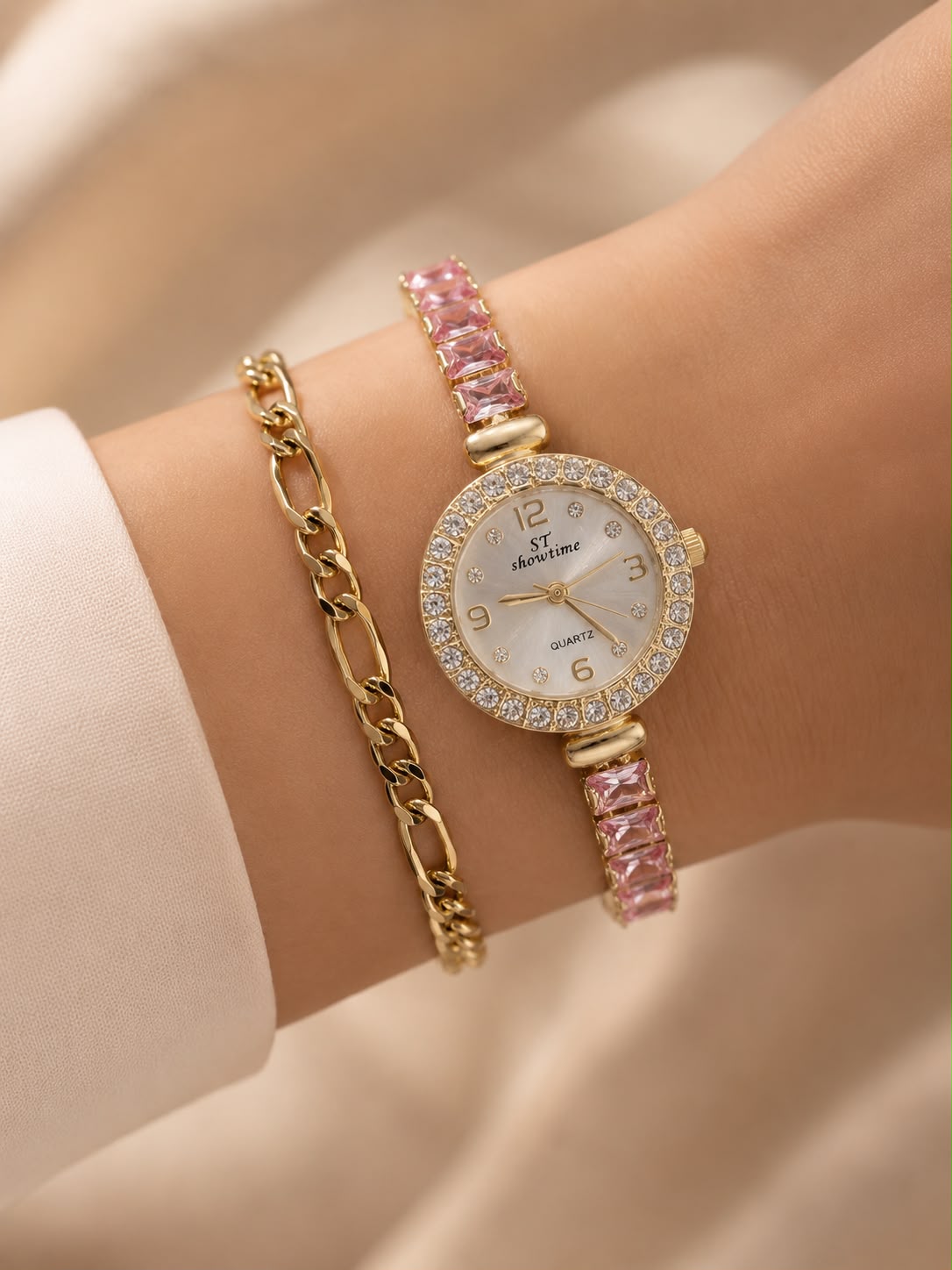 Kadın Swaroski Baget Model Gold-Pembe saat