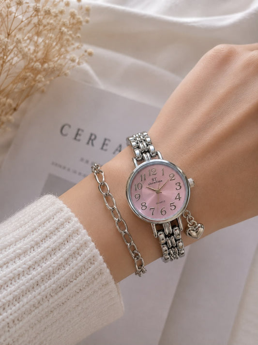 Bayan/ Kalp Charm Detaylı Gümüş-Pembe saat