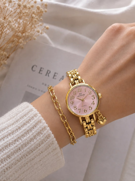 Bayan/ Kalp Charm Detaylı Gold-Pembe saat
